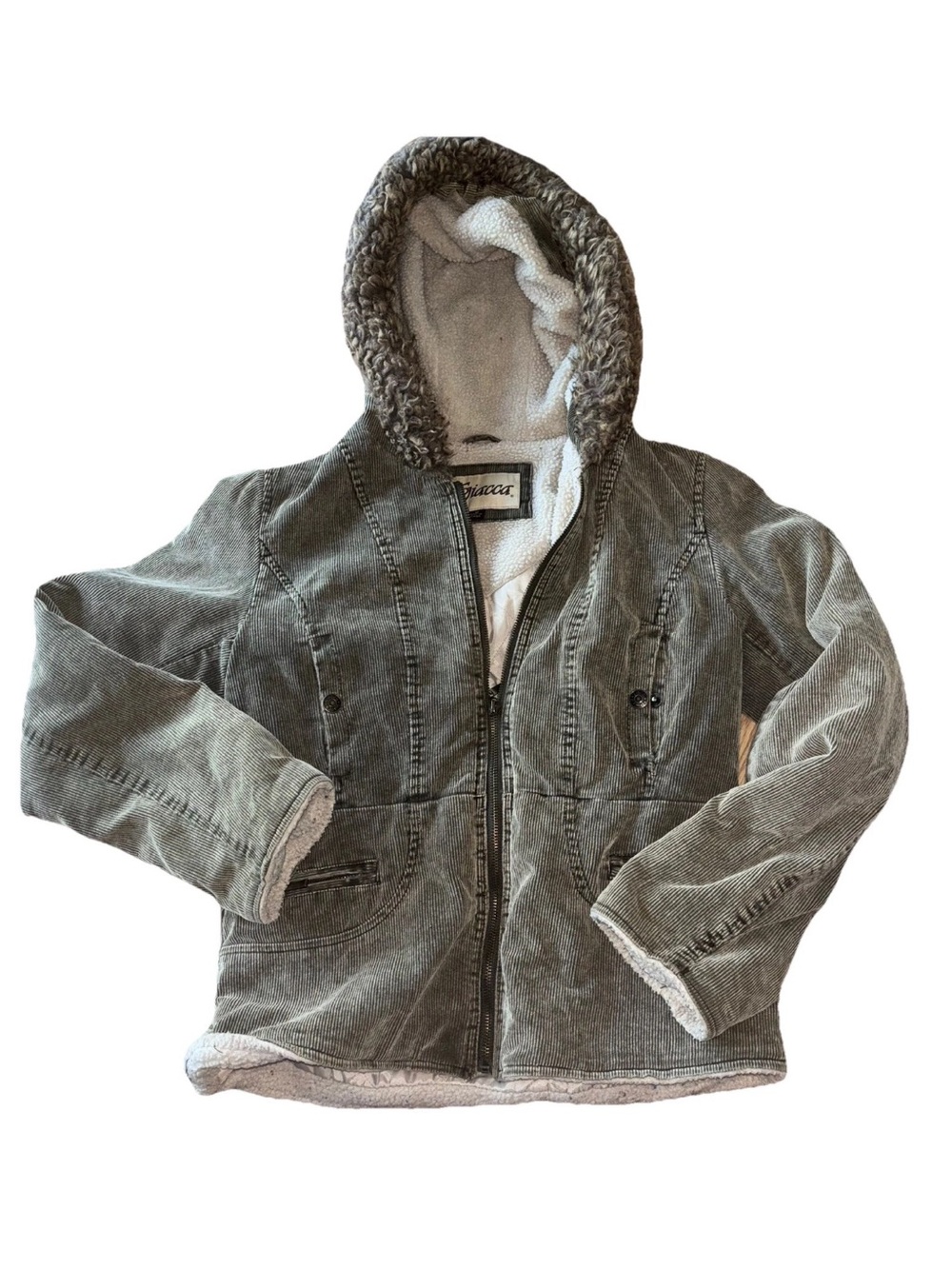 Giacca Olive Green Corduroy Hooded Jacket with Sherpa Lining Y2K style